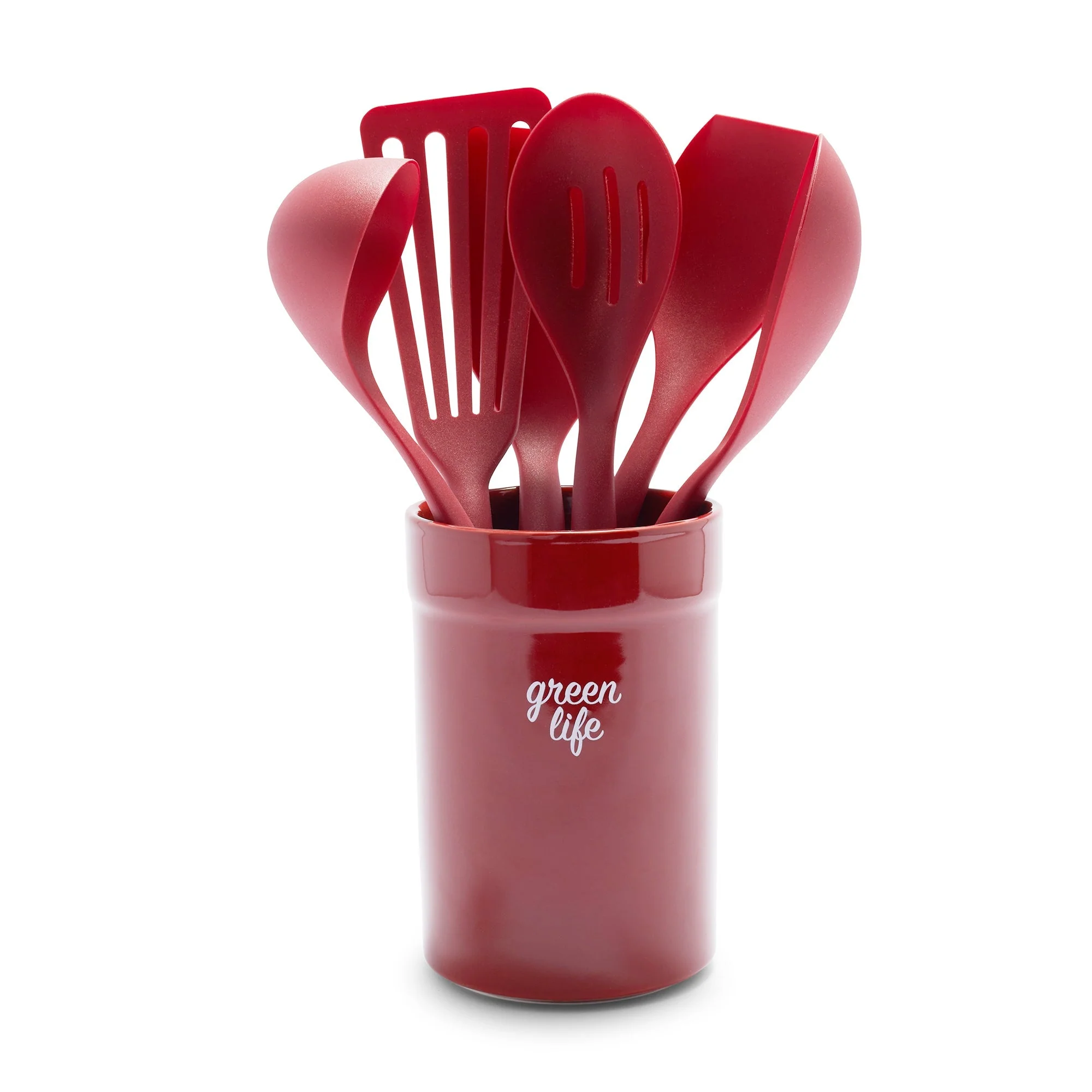 GreenLife Nylon & Wood Cooking Utensils with Ceramic Crock. 7-Piece Set | Red